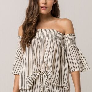 Billabong Cream Striped Off Shoulder Bell Sleeve Blouse S